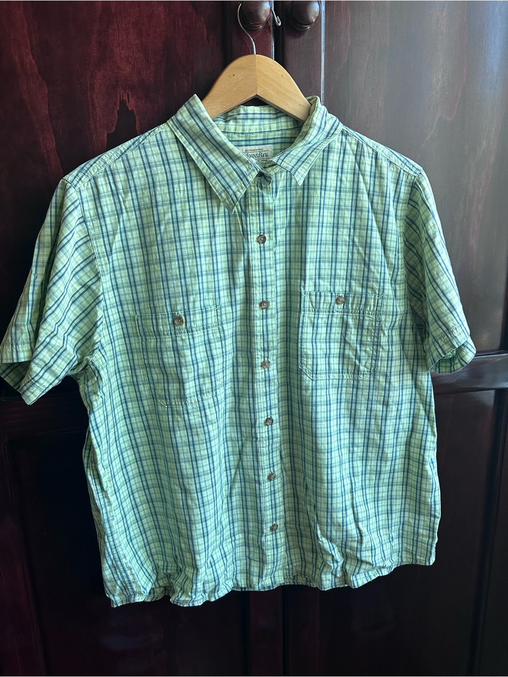 Y2K St. John's Bay Green Plaid Short-Sleeve Button-Down Shirt
